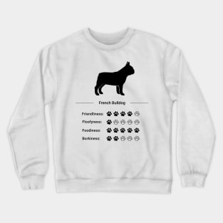 French Bulldog Stats - Friendliness, Floofiness, Foodiness, Borkiness Crewneck Sweatshirt